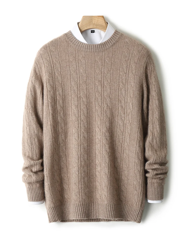 Light Luxury 100% Pure Wool Knitted Pullover Sweater men's 0-neck Thick Twisted Flower Cashmere Loose Casual Business Bottom Top