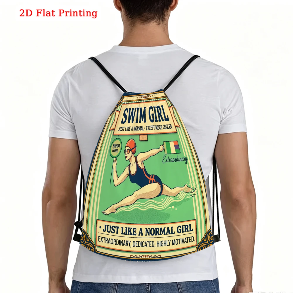 Retro Vintage Drawstring Backpack, Swimming Girl Just Like A Normal Girl Except Much Cooler Pattern, Fitness Sports Bag Outdoor