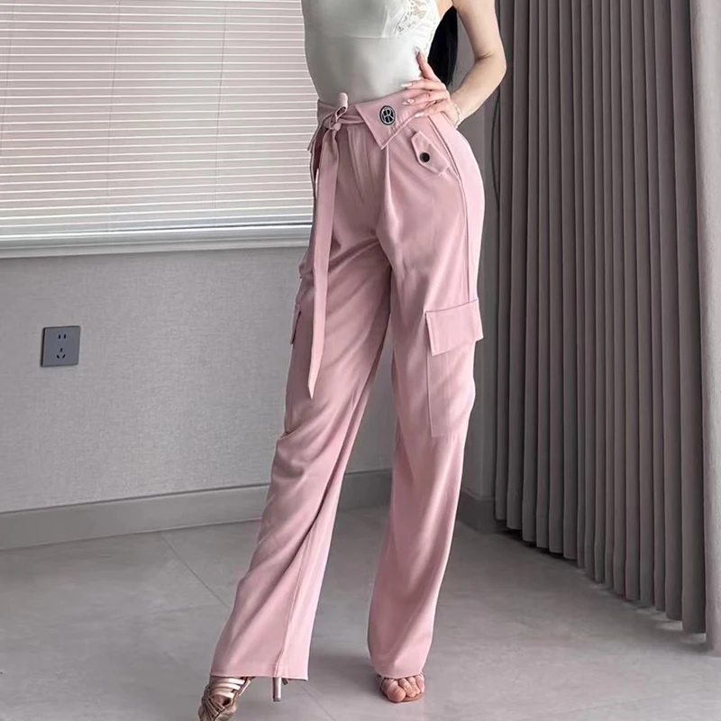 Pink/Black Latin Dance Pants Women Ballroom Dance Performance Clothes Straight Strap Waist Trousers Practice Dance Wear