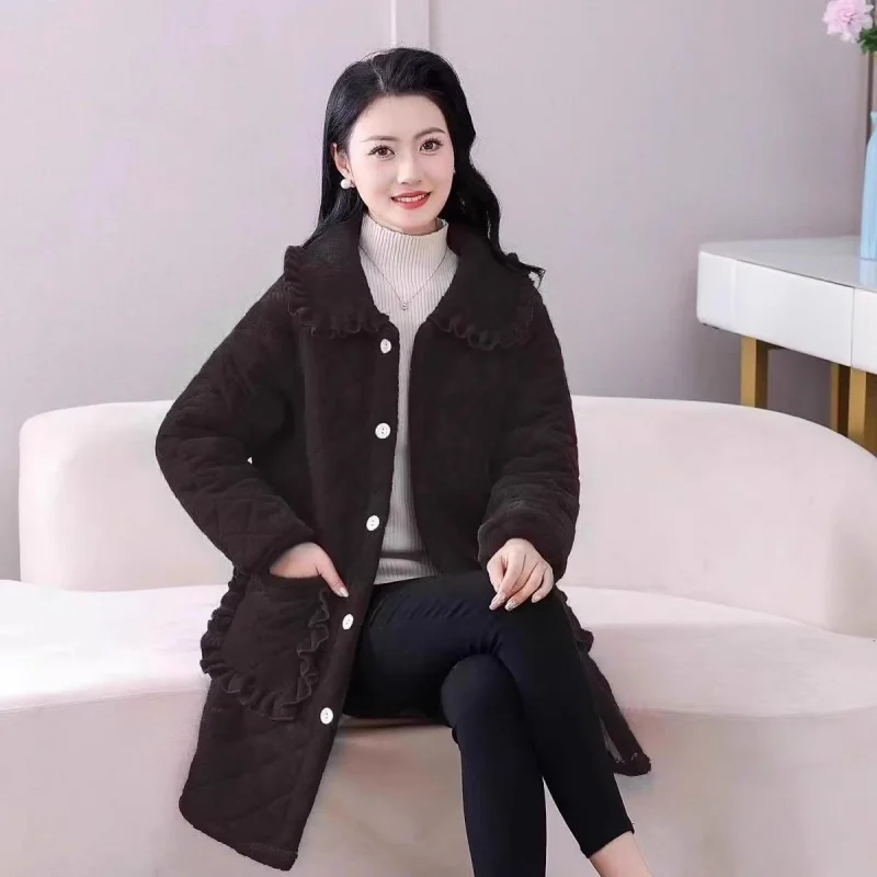 Women's 2025 New Warm Cotton Coat Jacket Three-Layer Winter Thickened Velvet Home Clothes Outerwear Sweet With Pockets w1027