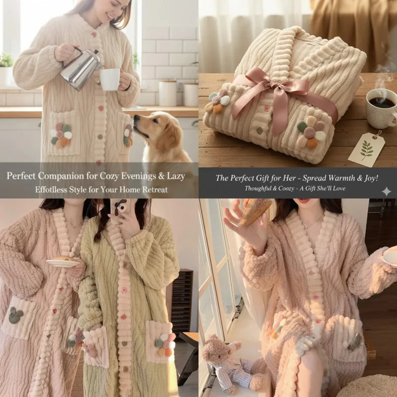 

Nightgown Rainbow Pajamas Set Women Winter Coral Fleece Loose Warm Thick Long Sleepwear Sweet Cardigan Wear Coat Pants Set New