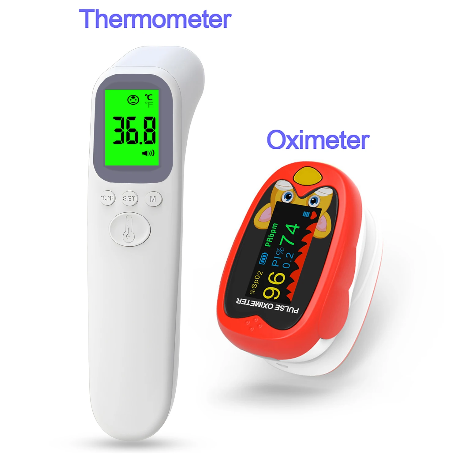 Backlit Digital Forehead Thermometer Fever Non-contact Human Body Temperature Meter OR Mini Baby Finger Clip Pulse Oximeter Kit