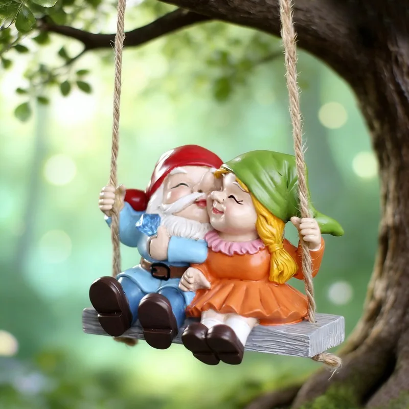 Nordic Resin Couple Dwarf Sculpture Swing Pendant Outdoor Courtyard Balcony Miniature Dwarf Statue Crafts Christmas Decoration