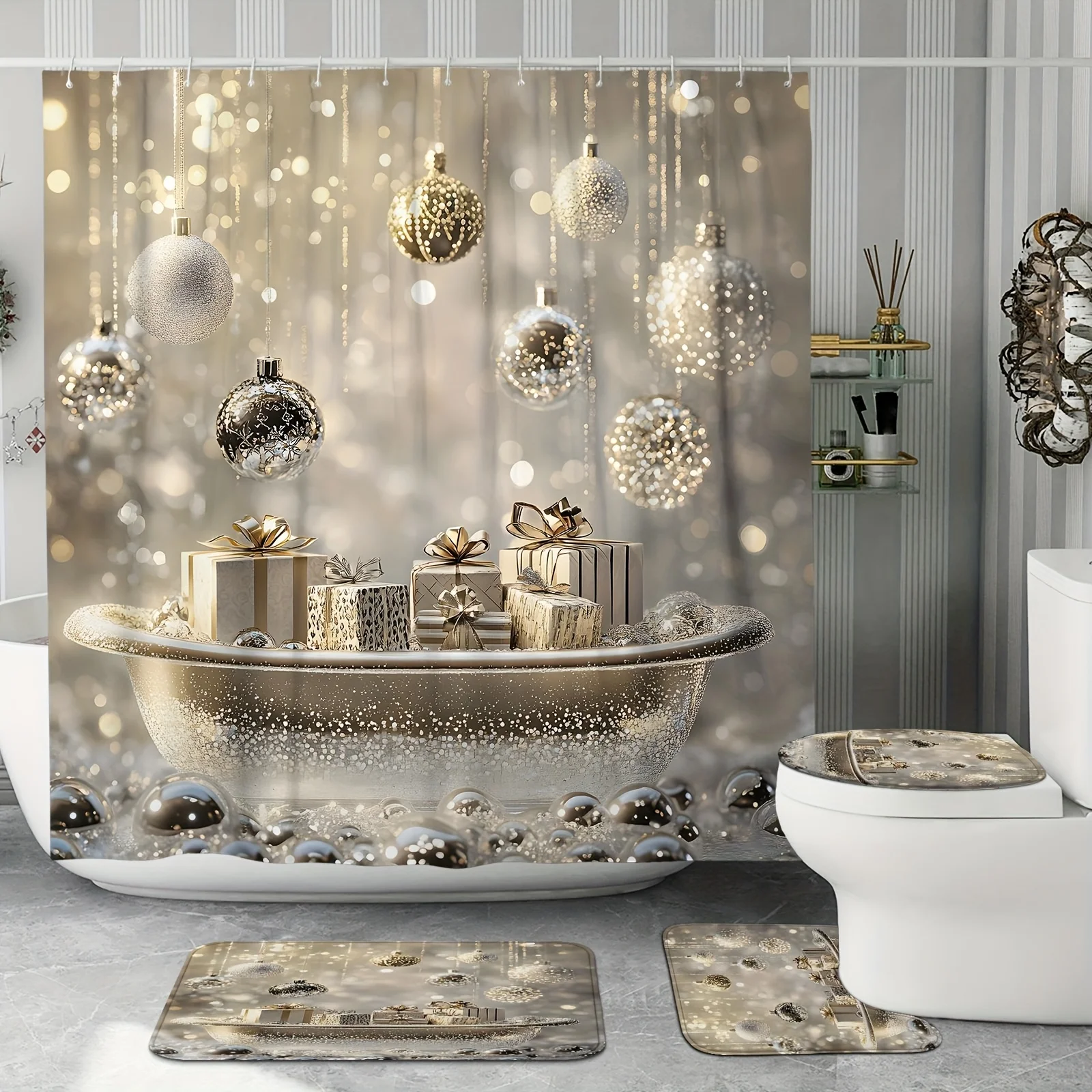 4Pcs Xmas Bath Set, Christmas Ball Gift, Silver Curtain, Holiday Bathroom Decor, 12 Hooks, Non-Slip U-Shaped Cover