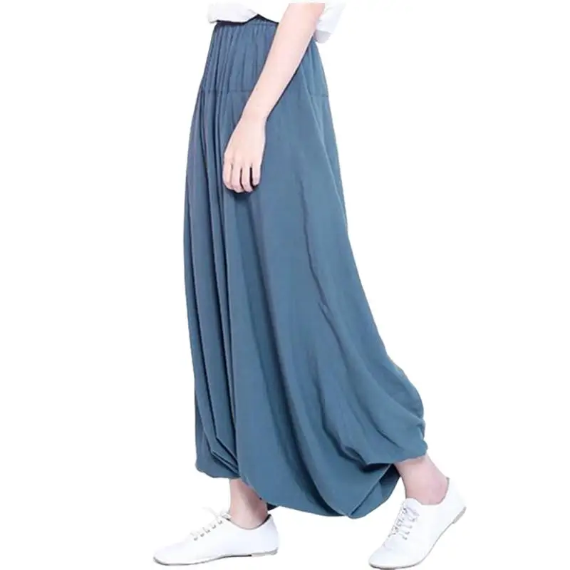 

Women Summer Holiday Beach Long Pants Solid Color Comfortable Soft Cotton Cross-Pants Vintage Casual Loose Wide Leg Trousers