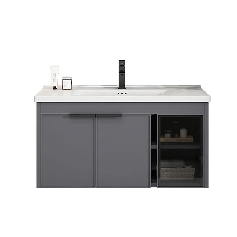 

grey space aluminum, bathroom cabinet, toilet washbasin, integrated ceramic basin, washbasin, ceramic rock slab countertop.