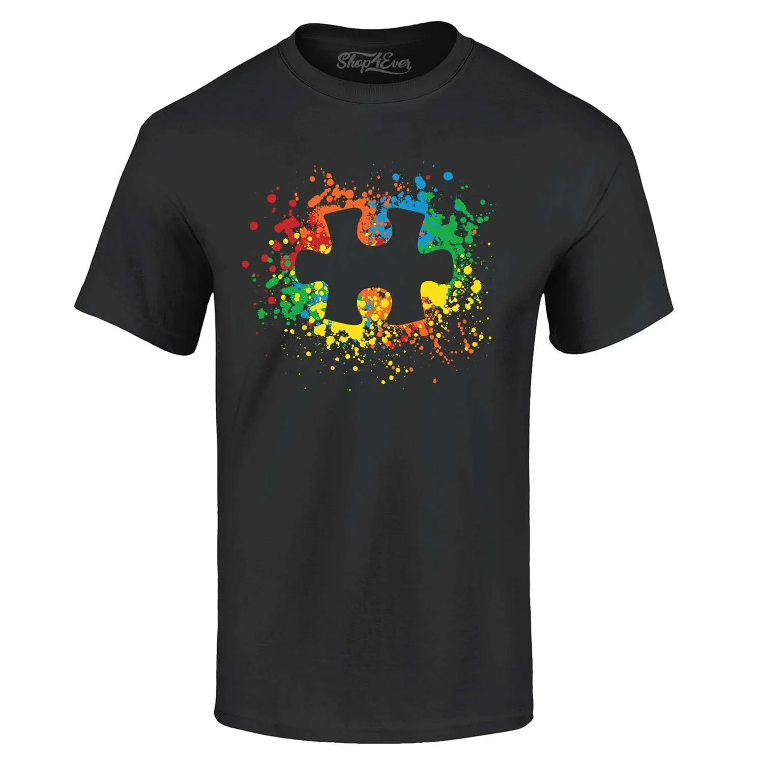 Shop4Ever Men's Autism Awareness Splatter Paint Puzzle Piece Graphic T-shirt XX-Large Black