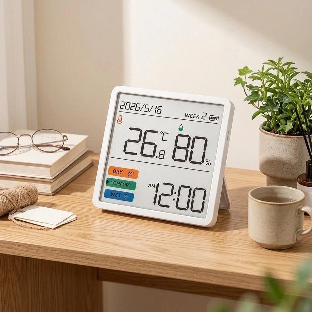 Digital Temperature Humidity Monitor with Large Segmented Screen for Clear Readability in Low Light or Distance Viewing