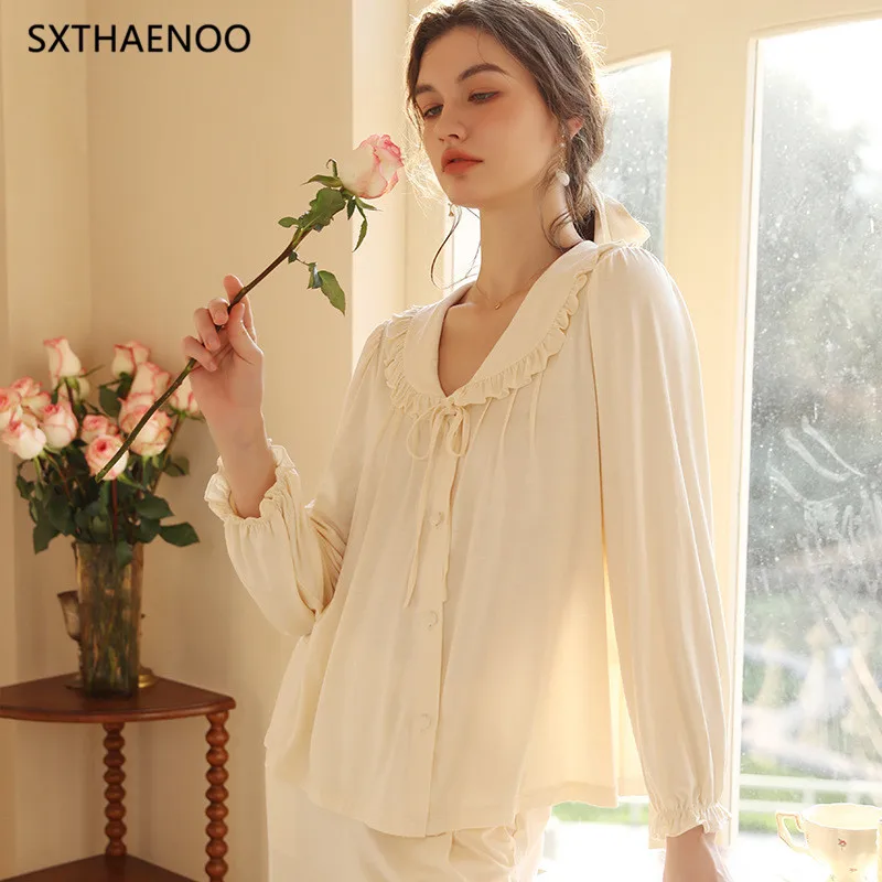 

SXTHAENOO Spring Autumn French Pajamas Set Women Sexy 3PCS Sleepwear With breast pad Pijamas Suit Femme Pyjamas Pour Homewear