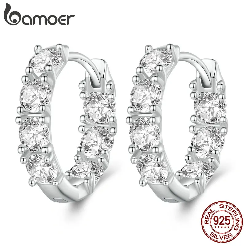 BAMOER 925 Sterling Silver Simulated Diamond Zircon Hoop Earrings for Women Luxury Fine Jewelry Wedding Brand Bridal Gift BSE734