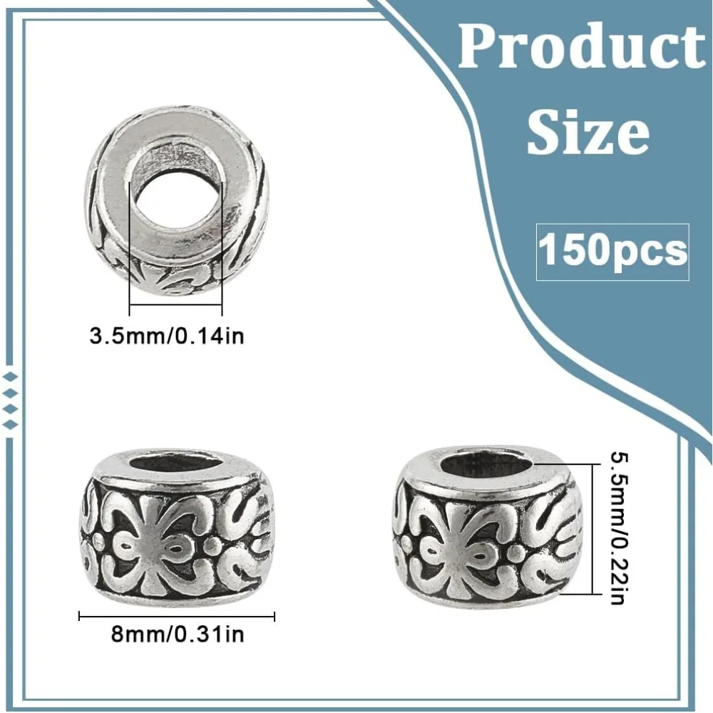 1 صندوق 150 قطعة 3.5 مللي متر ثقب كبير خزر عازل 8 مللي متر الفضة الأوروبية Rondelle حبة السائبة العتيقة عمود معدني برميل حلية صنع عدة #2
