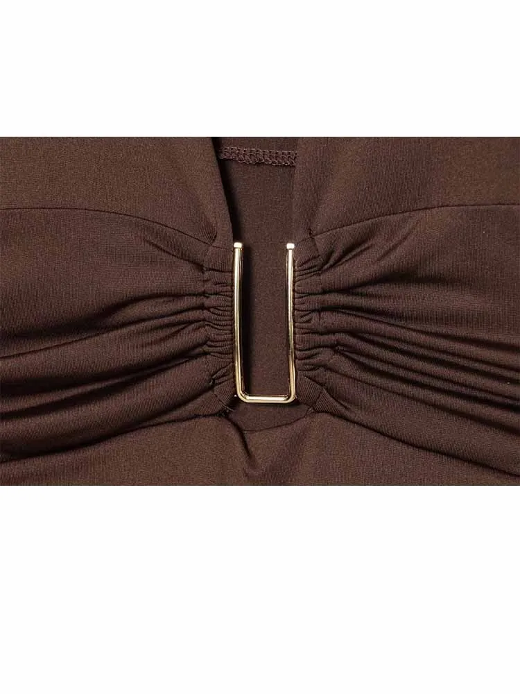 HH femme printemps tendance mode manches longues col en V profond plissé décoration combinaison femme décontracté couleur unie polyvalent hauts