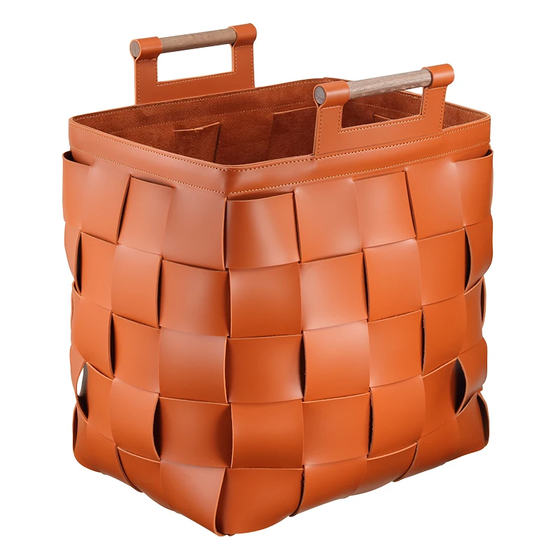 Europe style hand stitched woven leather basket walnut handle for high luxury villas bathroom lounge kitchen storage