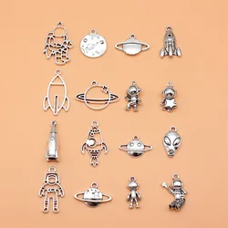 16pcs Antique Silver Color Astronaut Spaceman Rocket Alien Cosmic Planet Charms Collection, 16 Styles, 1 of Each