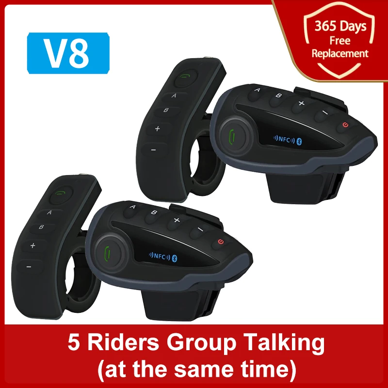 XINOWY V8 1200M Bluetooth Motorcycle Helmet Headset Intercom 5 Riders Full Duplex Interphone Telecontrol Remote Control FM Radio