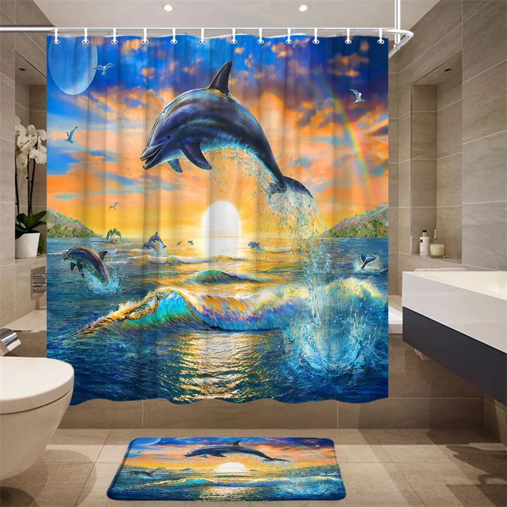 Underwater Sunset View Shower Curtains 3D Printed Dreamy Sea Animals Dolphin Fabric Polyester Home Bathroom Decor Set With Hooks