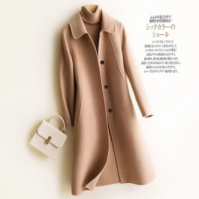 Wine Red Beige Wool Coat Female 2023 Autumn and Winter New Doll Collar Slim-fit Thickened Mid-Length Woolen Coat Solid Color X66