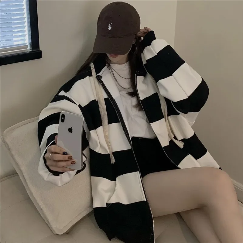 Y2k Korean Style Zipper Striped Female Hoodies Autumn Loose Casual Drawstring Streetwear Long Sleeve Women Goth Hoodie Jackets