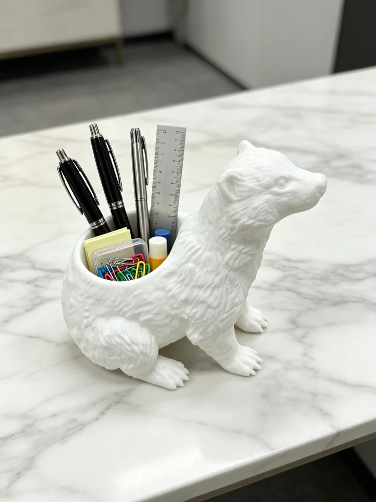 White Badger-Shaped Pen Holder Desktop Pen Cup Storage Box, Fun Badger Desktop Decoration, Solid Petg Smooth Surface, Practical Office Supplies Organizer, Storage for Pens, Paper Clips, and Small Stationery Items, Can Be Placed on Office Desks, Library Desks, and Study Tables, Creative Desktop Decoration with a Childlike Touch, Unique Birthday Gift for Animal Lovers, Office Gift