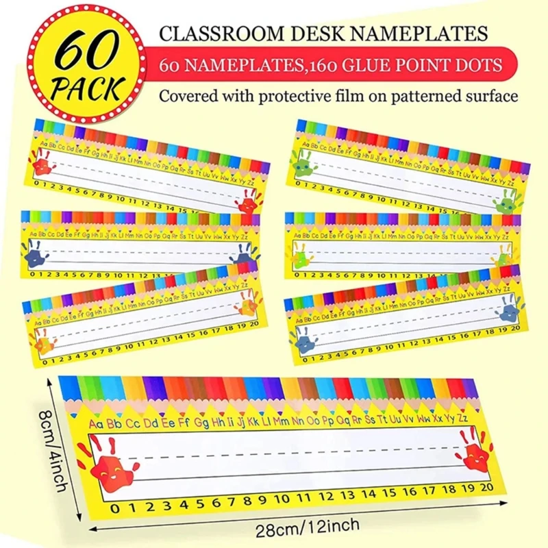 60 Pieces Name Labels Desk Name Stickers Name Tages with Coloured Pencil Pattern Personalised Name Stickers for School
