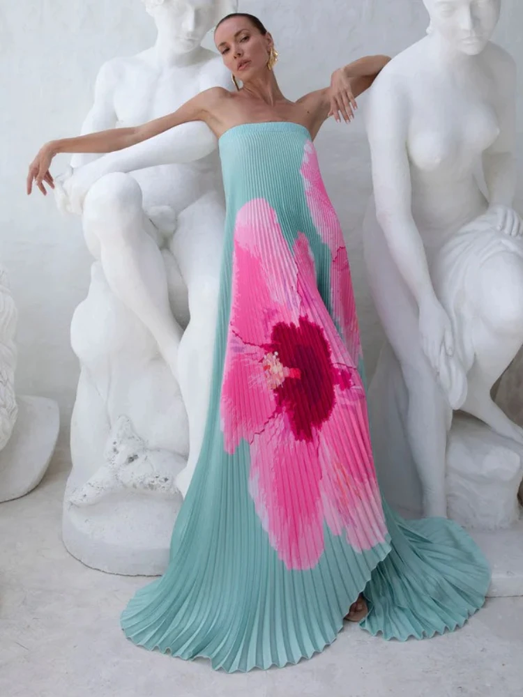 Moda damska lato 2025, elegancka i seksowna sukienka maxi w stylu boho z zakładkami, luźna, z dużym zamachem, z nadrukiem.