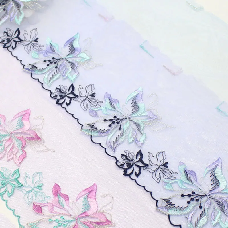 

40Yards Blue Purple Tulle Lace Trim Shiny Metallic Colorful Flower Embroidered Lace Border for Girls and Babies Little Dresses