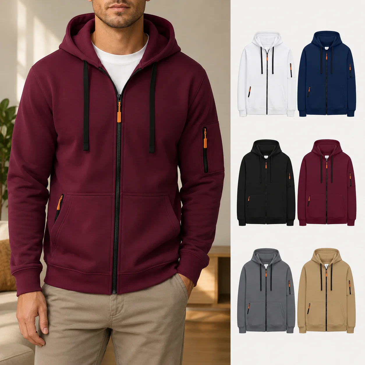 2026 Men's Full Zip Hooded Sweatshirt Autumn Winter Light Fleece Multi Pocket Slim Fit Casual Sports Street Jacket Top Coat