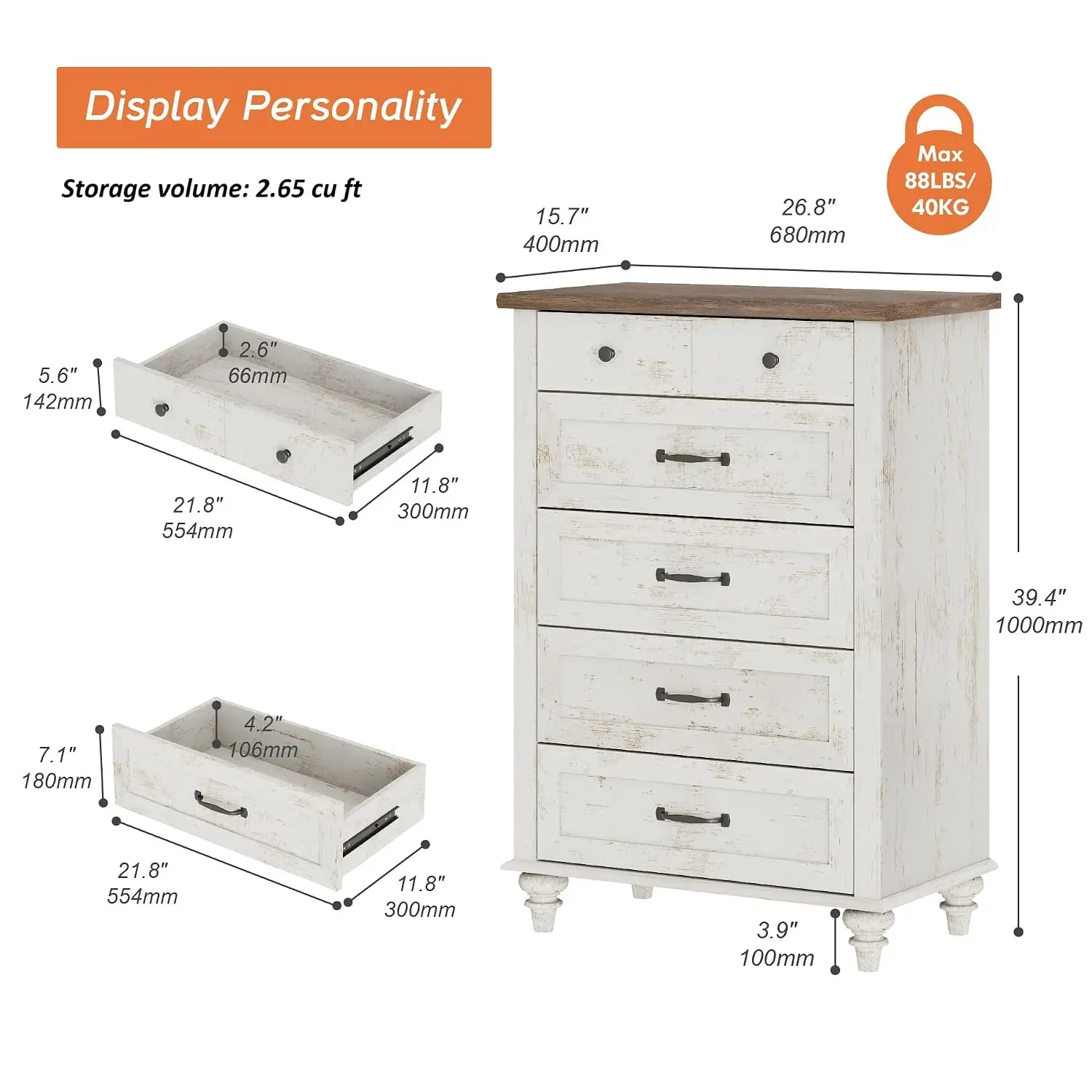 5-Drawer Bedroom Dresser Small Kids Antique White, Customized
