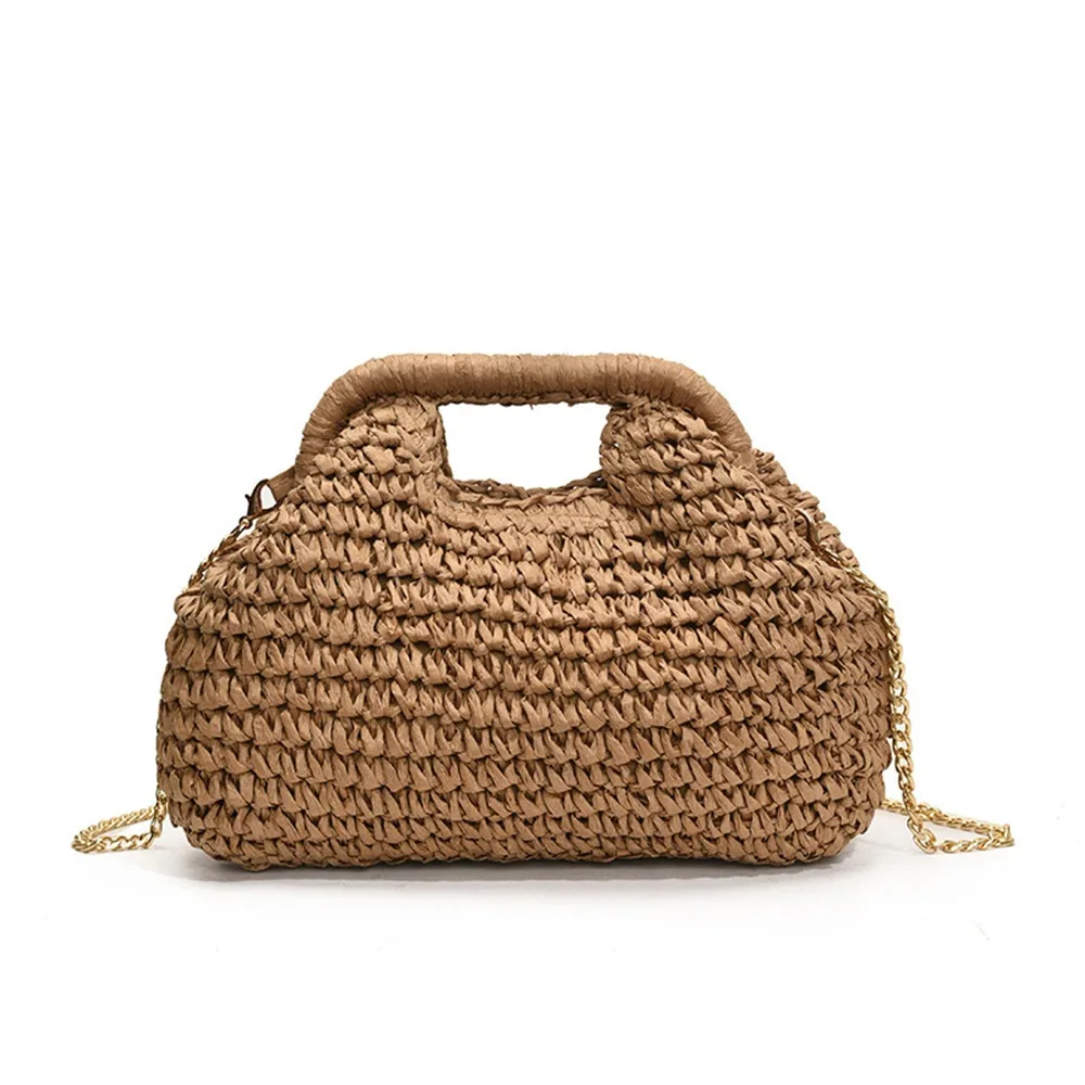 

Новая летняя соломенная сумка с цепочкой для отдыха, соломенная сумка на плечо в стиле бохо, повседневная пляжная сумка-ведро для женщин/девочек