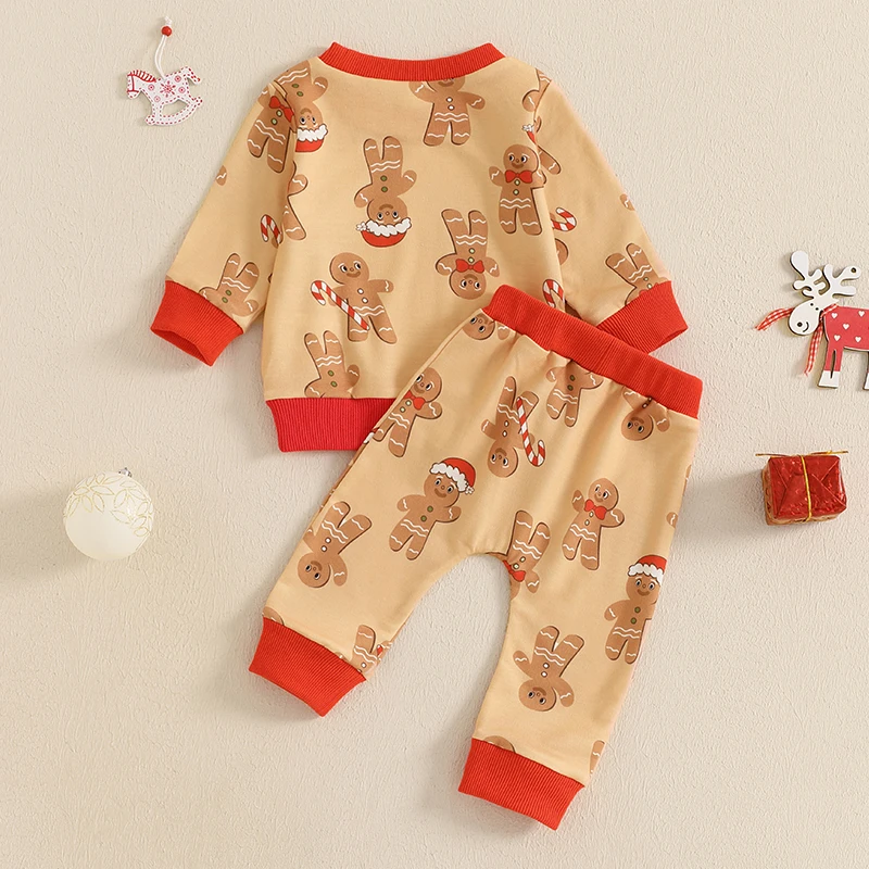 Baby Pants Set Gingerbread Man Print Long Sleeve Crew Neck Sweatshirt with Sweatpants Christmas Outfit for Girls Boys