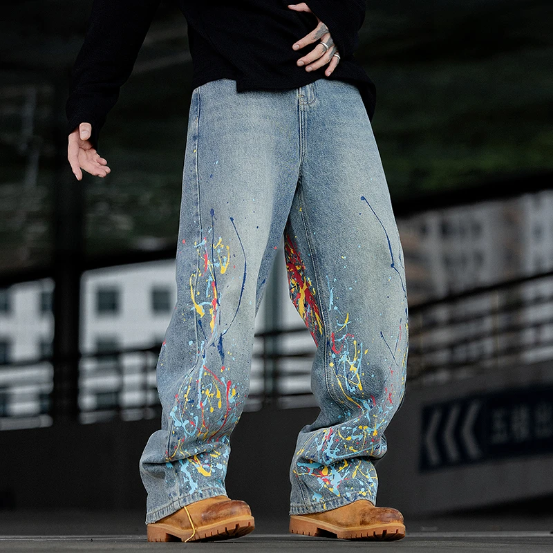 Paint Wide Leg Baggy Jeans Men Streetwear Fashion Hip Hop Loose Casual Plus Size Washed Denim Jeans Pants Trousers