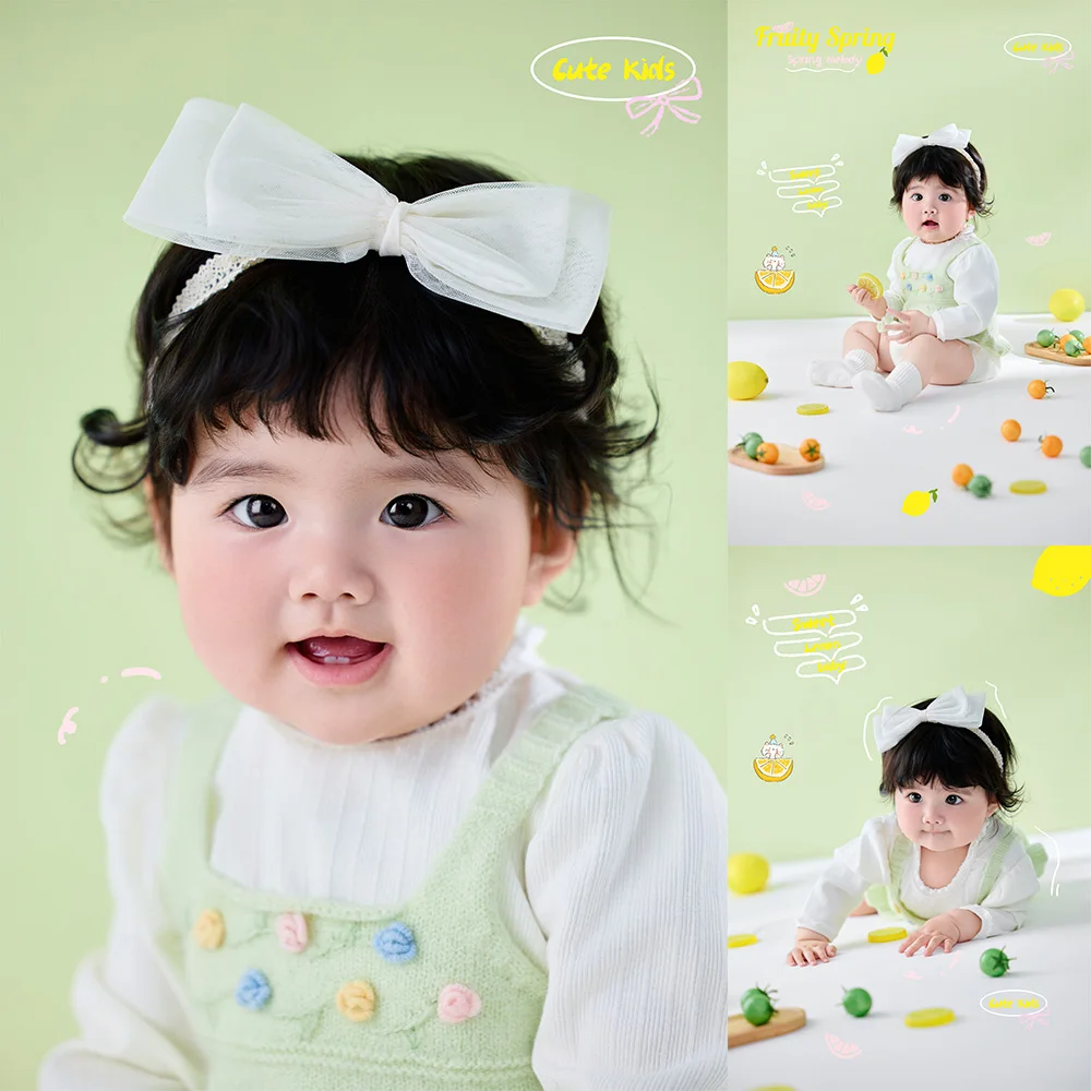 100 Day Old Baby Girl Photography Outfit Spring Sweet Green Knitted Dress+baby Romper+bow Headband+socks Set for Infant Portrait
