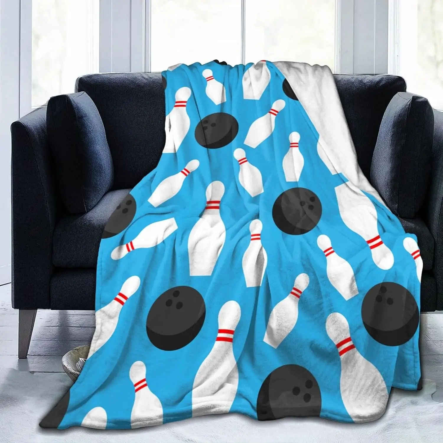 White Bowling Pin Black Ball Bright Blue Base Seamless Flannel Throw Blanket, Soft Warm Sofa Cover, Sport Bowling Bedroom Decor