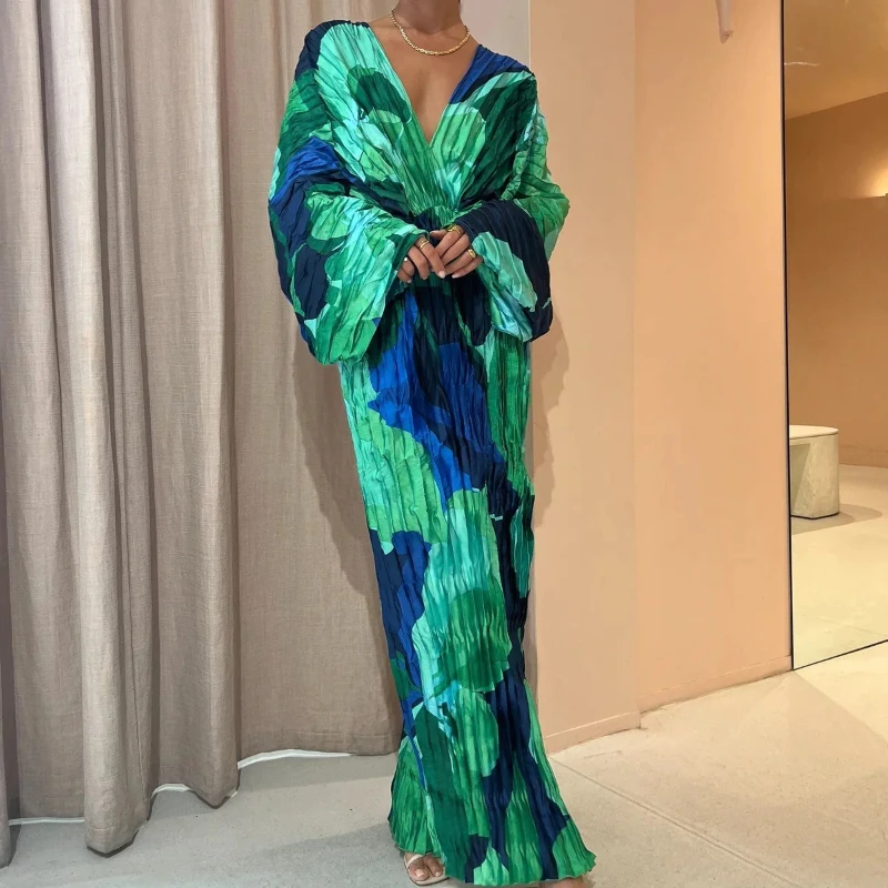 

Повседневное плиссированное женское платье с длинным рукавом для отпуска, свободное, для лета, пляжное, сексуальное, с V-образным вырезом, элегантное макси-платье