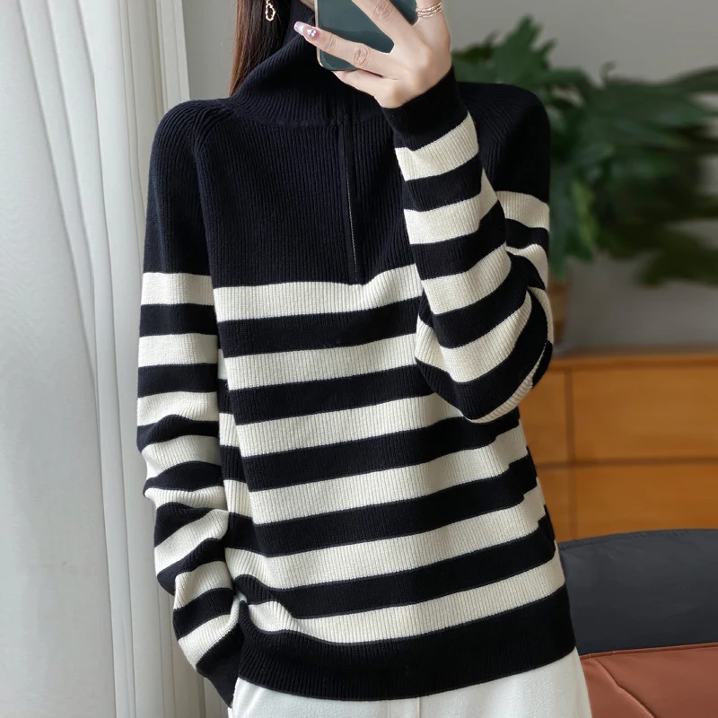 Vrouwen Merinowollen Trui Halve Rits Polo Kraag Trui Herfst Winter Mode Truien Streep Kleding Lange Mouw Basic Tops
