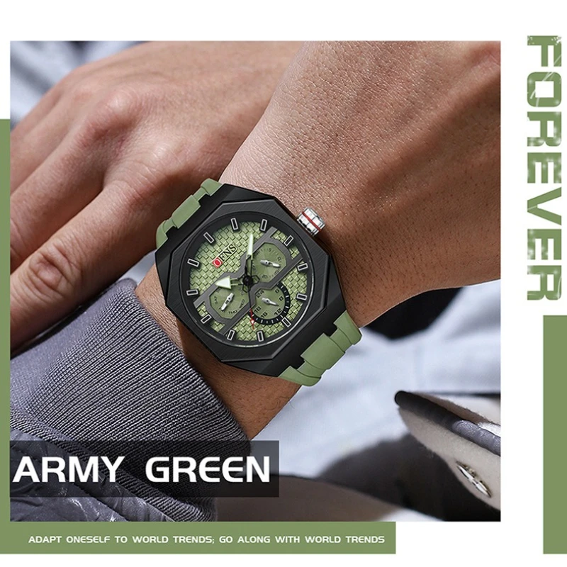 OFNS 8023 Fashion Quartz Men's Watch with Armor Scales Three Eyes Six Needles Waterproof Luminous Quartz Watches for Men Relojes