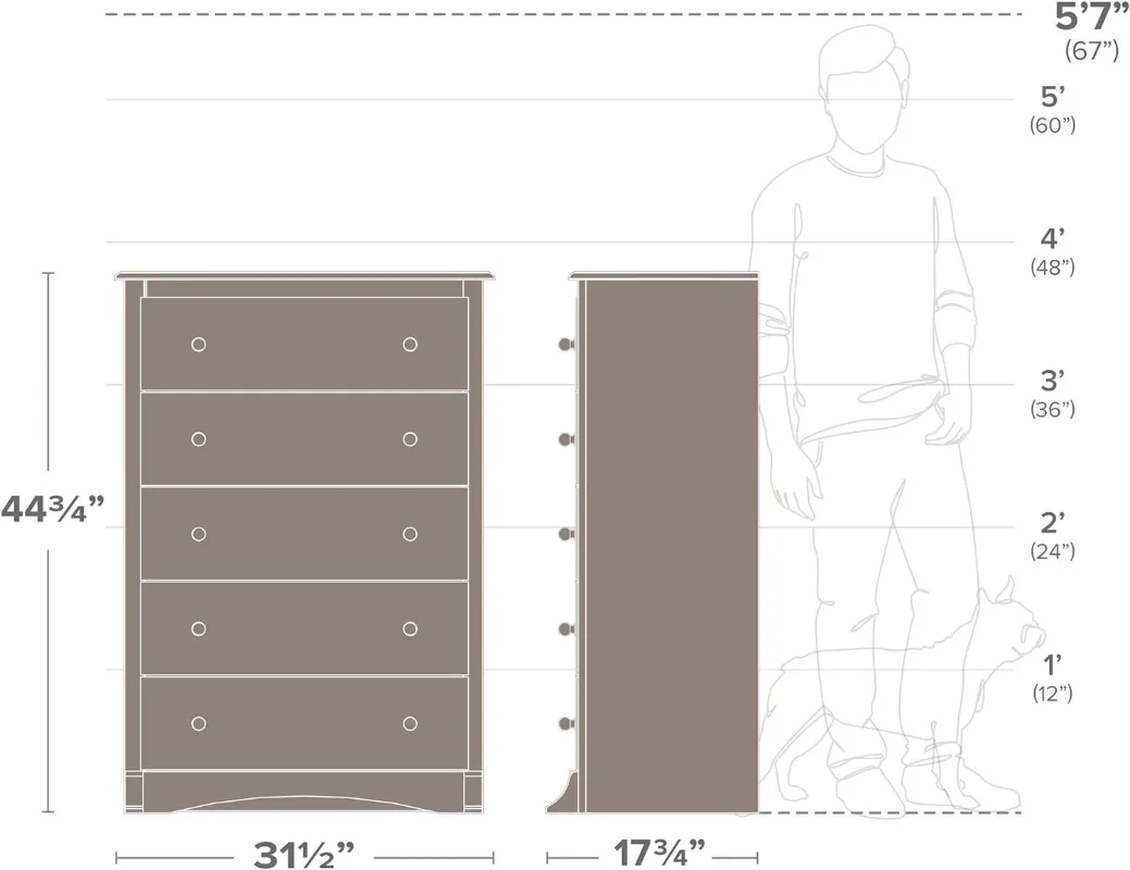 Prepac Sonoma 침실용 우수한 5 서랍 가슴, 넓고 세련된 서랍장, 17.75 "D x 31.5" W x 44.75 "H 측정