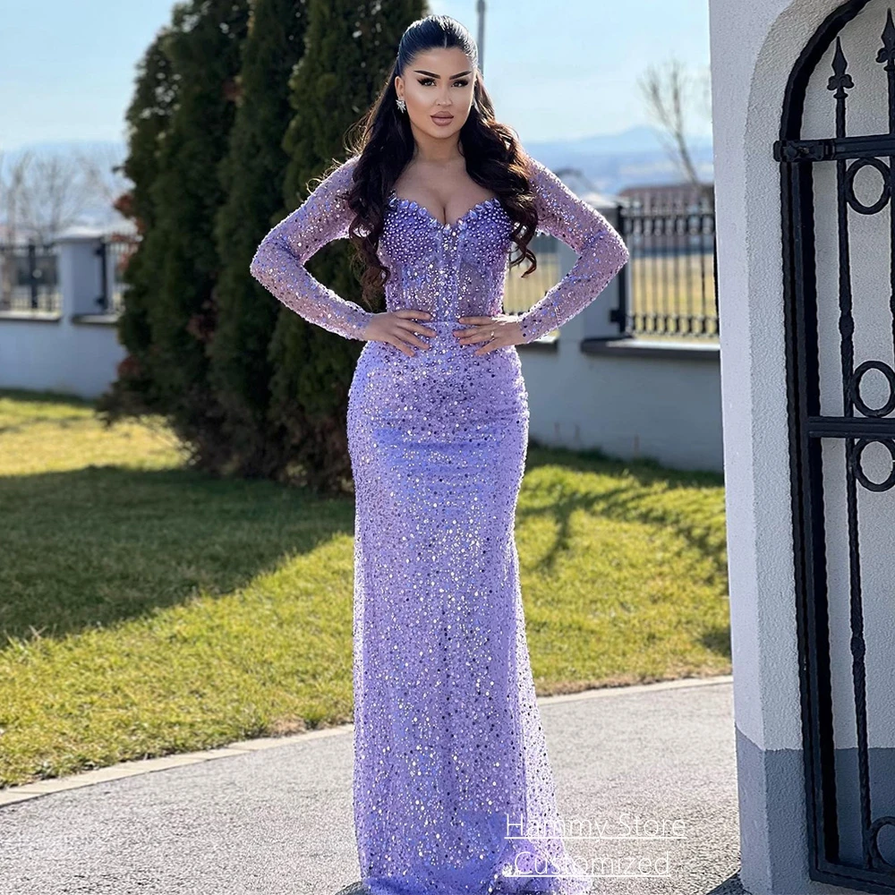 Funkelndes Meerjungfrau-Abendkleid mit Abnehmbarer Schleppe Maßgeschneidertes Sweetheart-Kleid mit Langen Ärmeln Kristall-Perlen-Verzierung Partykleider Ballkleid