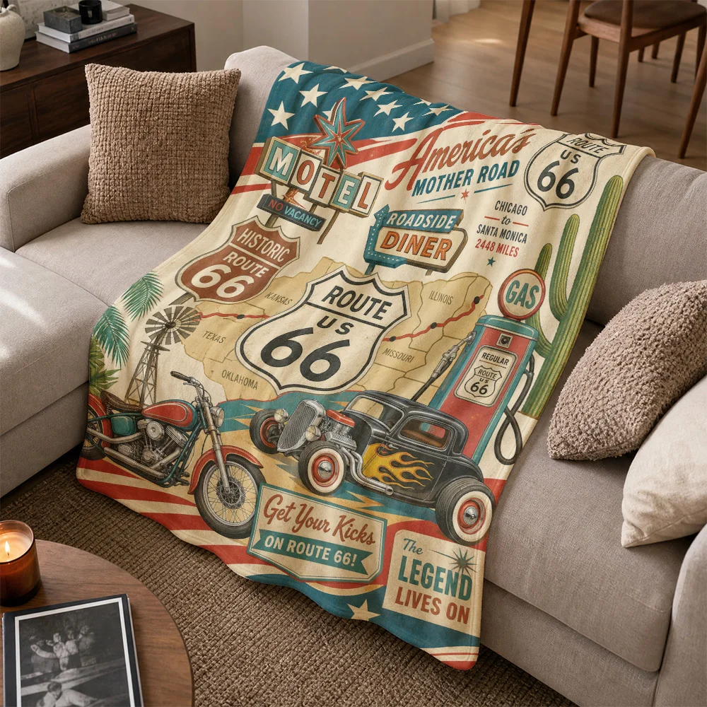 Nostalgic Americana Route 66 Throw Blanket Sofa Cover Retro Vintage US Travel Road Trip Decor Motel Diner Gift for Home Decor