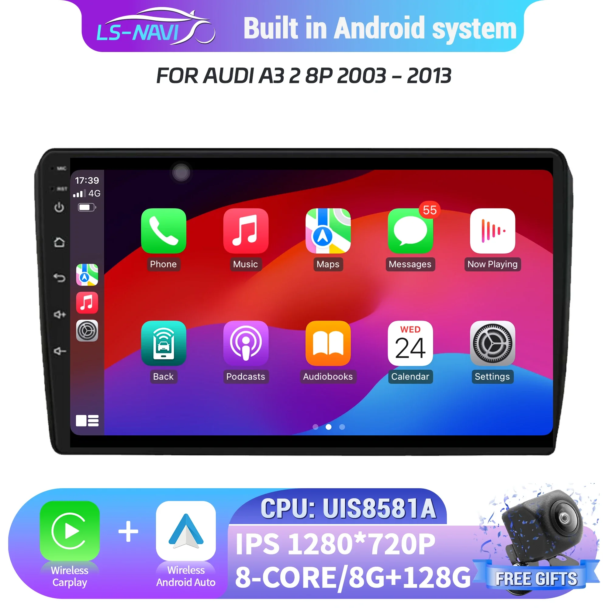 

Для Audi A3 2 8P 2003-2013 Android 14 Автомобильная радиосистема мультимедийной навигации с беспроводным Bluetooth Carplay сенсорным экраном стерео