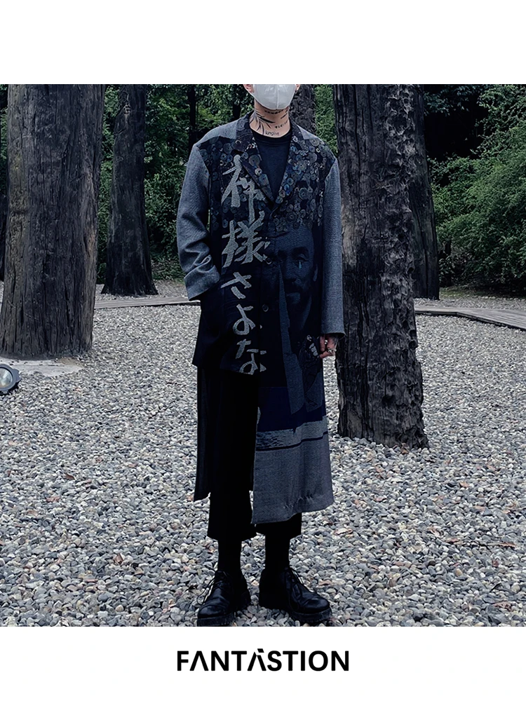 

FANTASTION Original design vintage photo dark style jacket asymmetrical trench coat loose Casual coat oversized unisex blazers