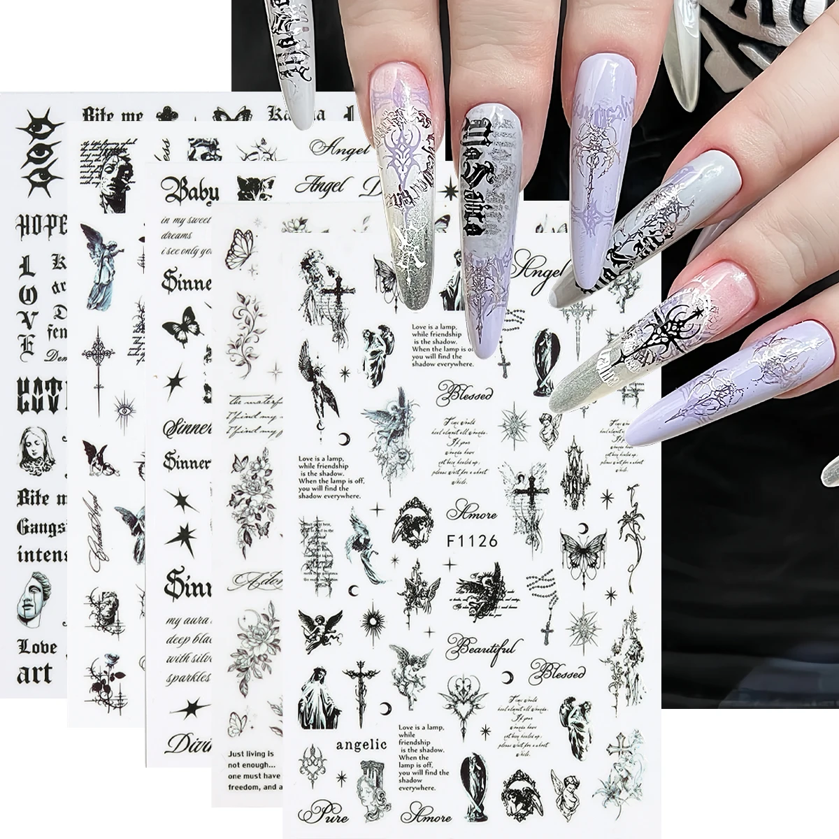 Nagelaufkleber im Gothic-Stil, Buchstaben-, Schmetterlings- und Kreuzmuster-Nagelsticker, selbstklebende glitzernde Harz-Nageldekorationen – Detail 2