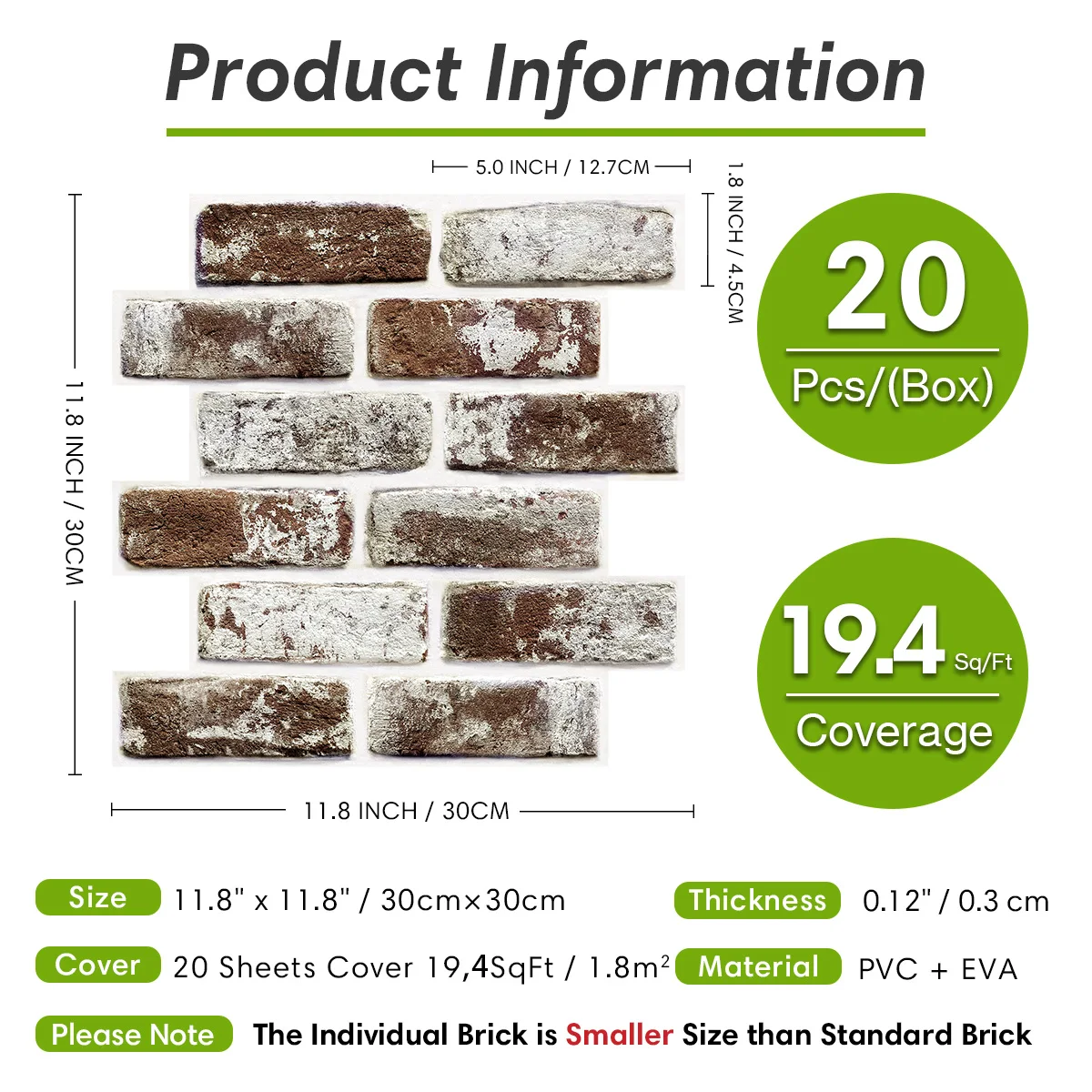 20 sztuk, 3D PVC Faux Whitewash ceglane panele ścienne na ścianę akcentującą, sypialnię, dekoracyjne naklejki na płytki ścienne, 11,8 "x 11,8"