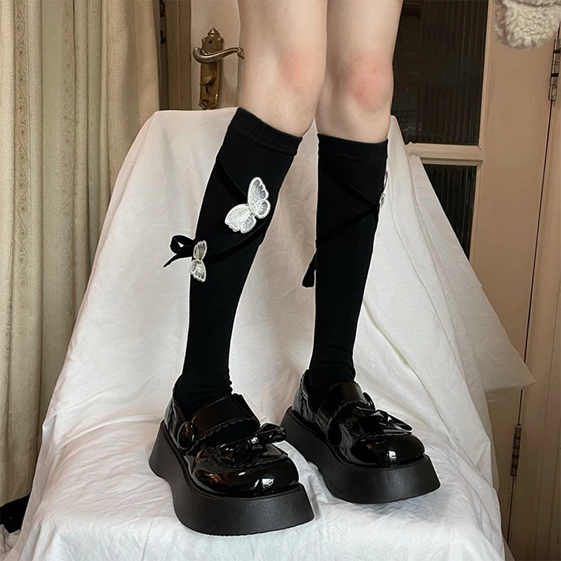 New Fashion Women Knee High Socks Cute 3D Butterfly Long Socks Kawaii Cross Tie-Up Lolita Socks Hot Sale