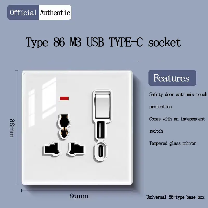 Universal USB Socket 86/146 2A Dual Port Charger with Switch Control Crystal Glass Panel Type-C 20W Fast Charging Power Socket