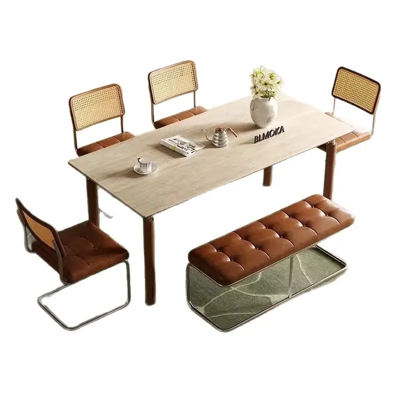 Medieval rock slab dining table, rectangular solid wood retro small apartment Nordic metal modern table