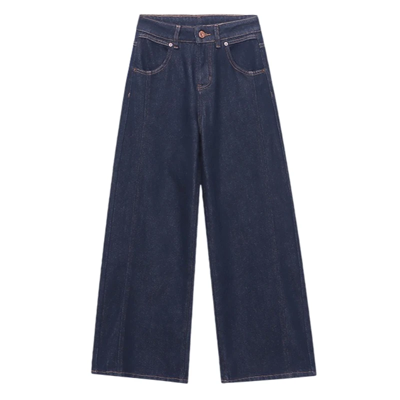 レディースデニムジーンズ 無地ジッパーフライポケットボタン エンパイアウエスト フルレングス ワイドレッグパンツ ルーズカジュアル 2025秋冬