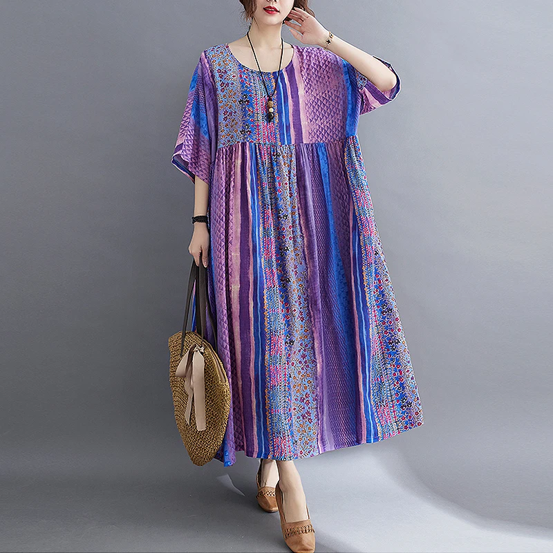 Plus Size Baumwolle Leinen Dr mit Farbe Blo Stripes A-Linie Rock rund Ne Five Sve Damen Faion Summer Dr