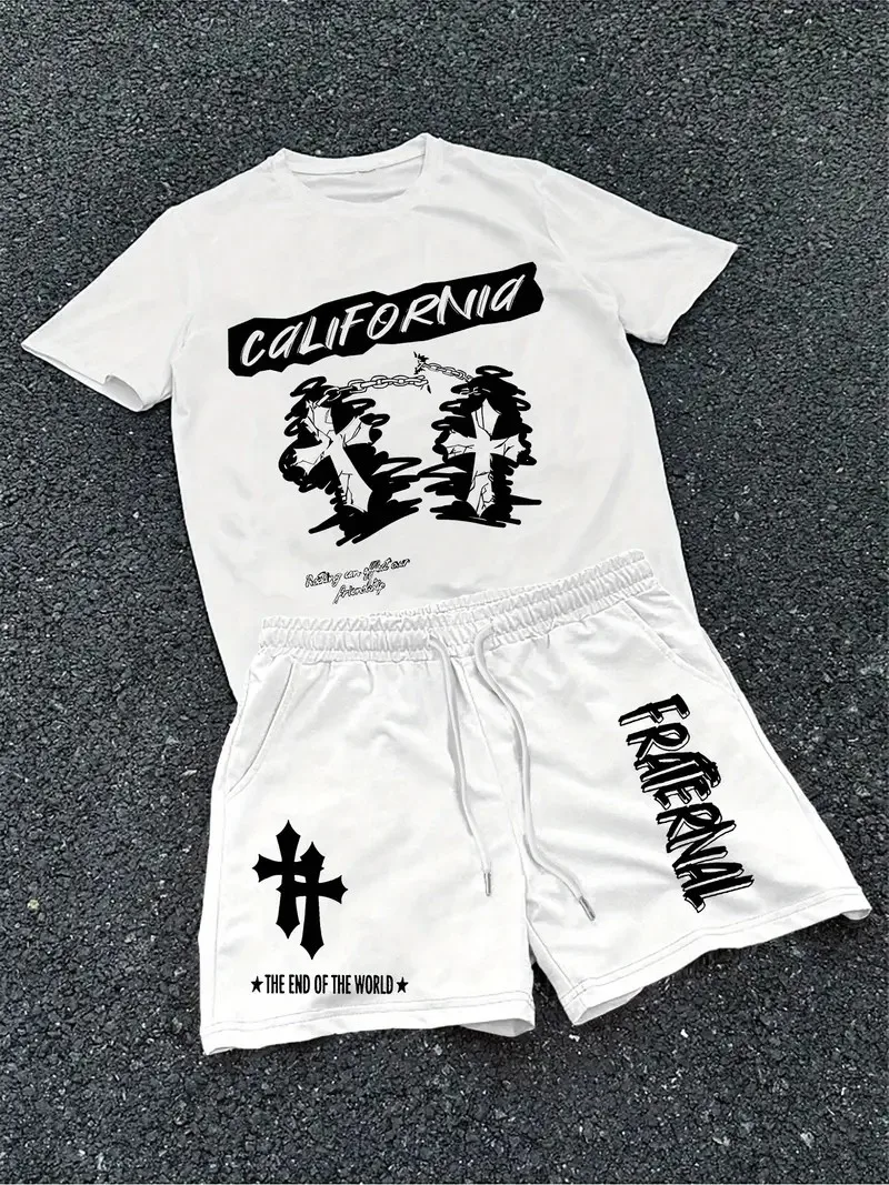 The 2025 summer new men's set features street hip-hop casual fashionable comfortable and soft 3D cross pattern print