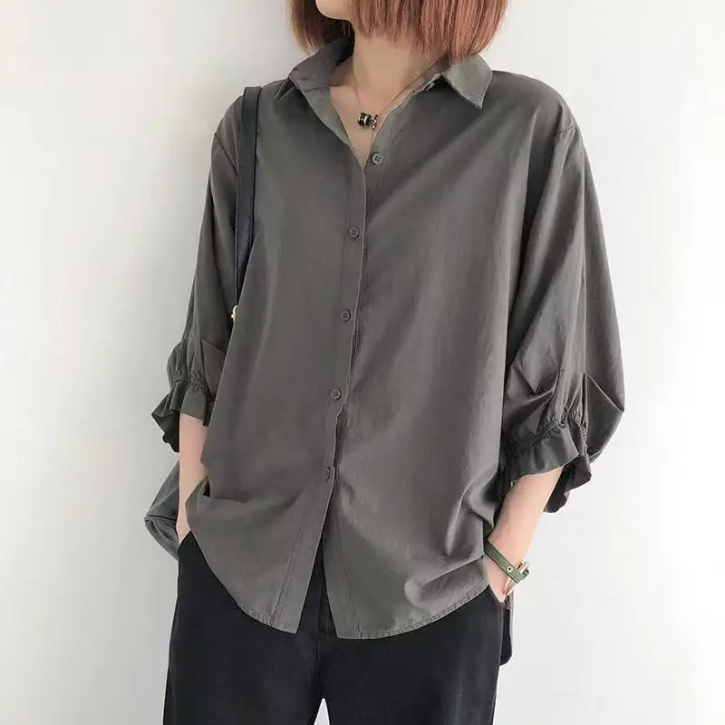 Loose Thin Lantern Sleeve Shirt for Women Spring Summer New Style Commute Artistic Loose Fit Long Sleeve Shirt Female Premium